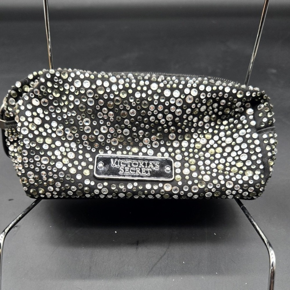 Victoria's Secret Rhinestone Makeup Bag Zipper Black Silver Cosmetic Pouch